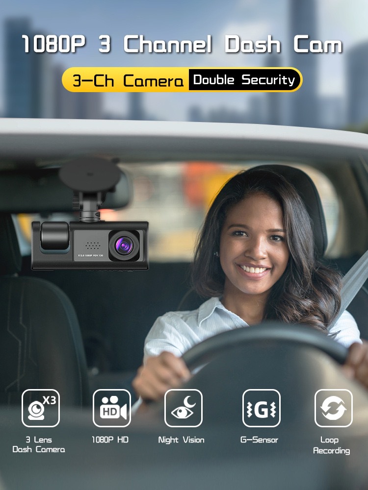 Overseas Hot-Selling Model C309 Three-Way Dash Cam with High-Definition Night Vision, Parking Monitoring, and Mobile Phone Connectivity for Vehicle Recording