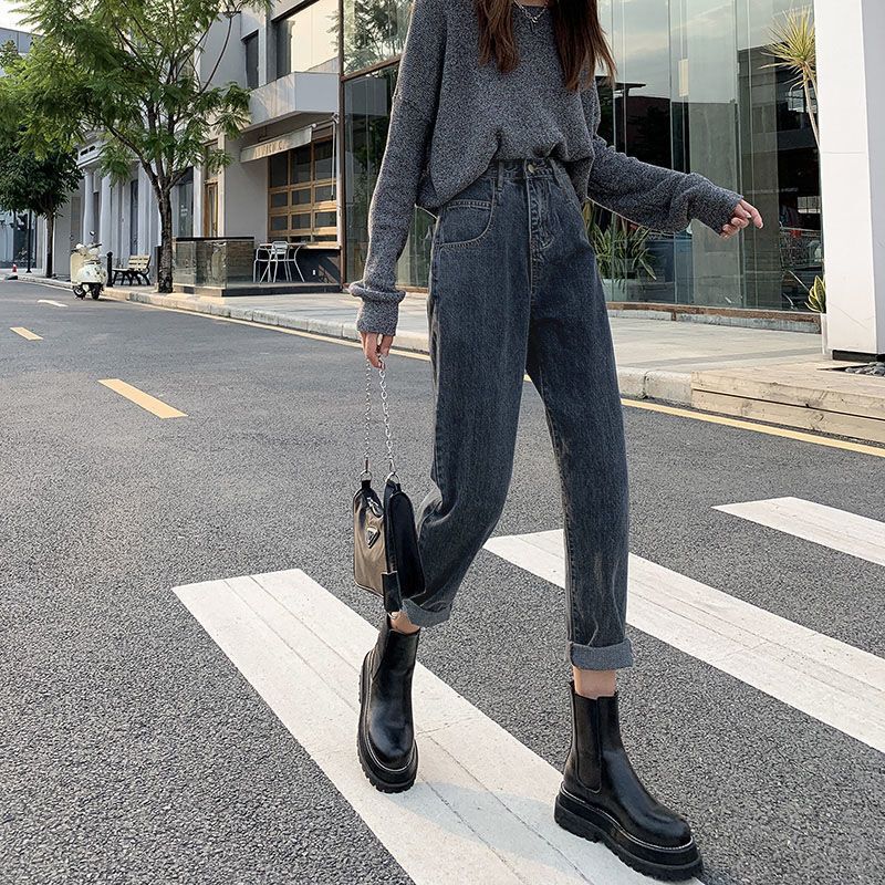 时尚弹力牛仔裤女2025年新款秋冬显高高腰宽松哈伦萝卜百搭裤子潮|undefined