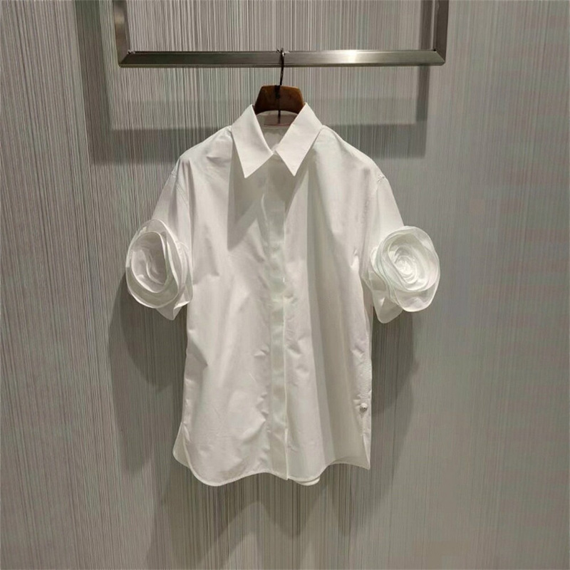 2026 Summer New Niche Three-Dimensional Rose Short-Sleeve Shirt with Turn-Down Collar, Handmade Floral Puff Sleeves, Loose Top