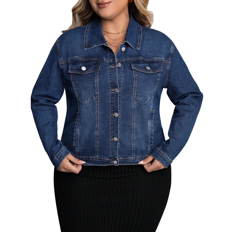 Plus Size Denim Top, Women's Long Sleeve Chambray Shirt, Classic Stretch Denim Shirt For Casual & Office Wear_ecoleips.com