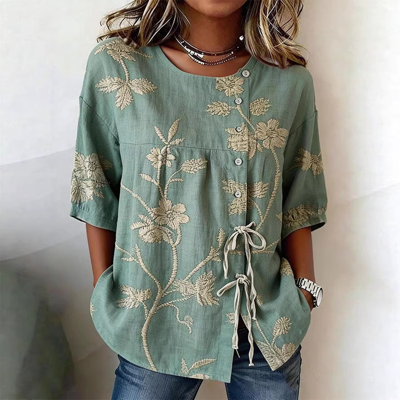 Cross-Border Amazon Independent Site Women's Casual Digital Print Lace-Up Shirt Cross-Border Amazon Independent Site Women's Casual Digital Print Lace-Up Shirt