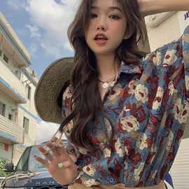2025新款短袖花衬衫男女日系复古港味风设计感小众夏威夷夏季衬衣