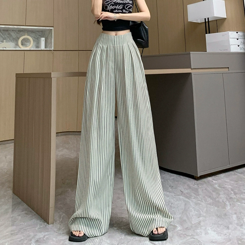 Модные корейские тонкие плиссированные широкие брюки в вертикальную полоску с высокой талией для женщин, новые летние свободные повседневные брюки, закрывающие бедра