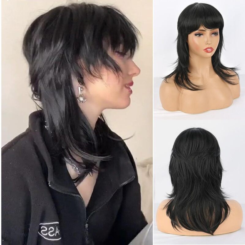 Xuchang European and American fashion wig ladies black mullet head wolf tail wig chemical fiber headgear factory wholesale direct sales