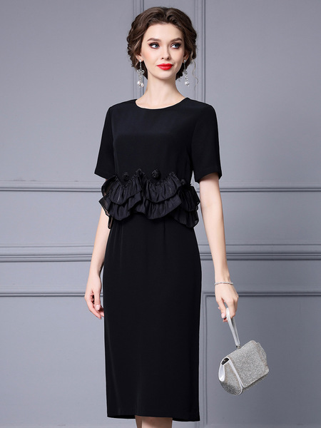 Zhili Black Young Mom High Waist Skirt 3D Ruffle Edge Spliced Short Sleeve Acetic Acid Dress 2024 Summer