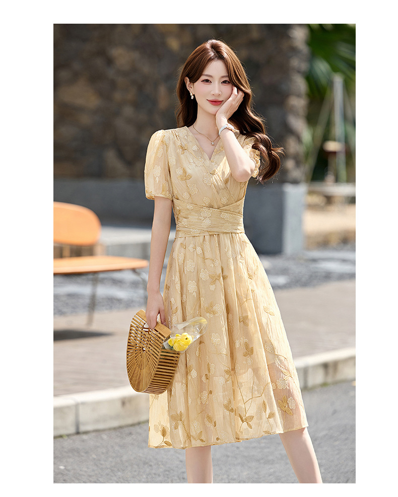Đầm maxi nữ thắt eo tay bồng họa tiết hoa nhỏ cổ chữ V phong cách tea dress — Màu hồng, màu vàng chi tiết 12