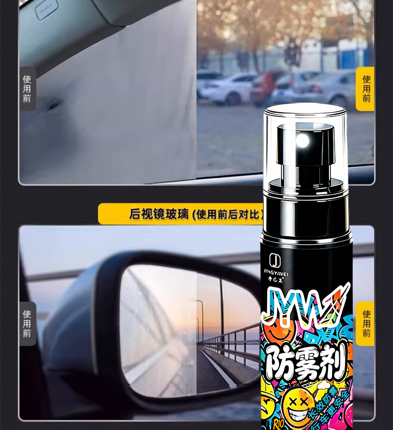 Car accessories: rain and fog repellent, car glass water repellent, car rearview mirror defogger and rain remover, glass cleaner