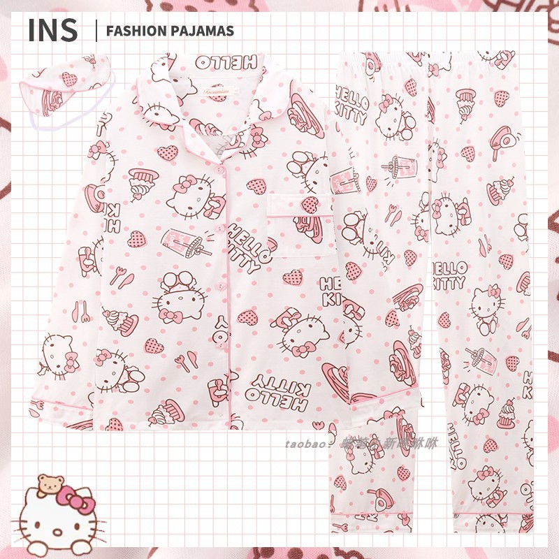 爱心波点hellokitty凯蒂猫纯棉睡衣女春秋长袖可爱卡通ins家居服