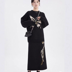 欧货针织套装女小众设计感秋冬新款宽松蝴蝶提花毛衣半身裙两件套