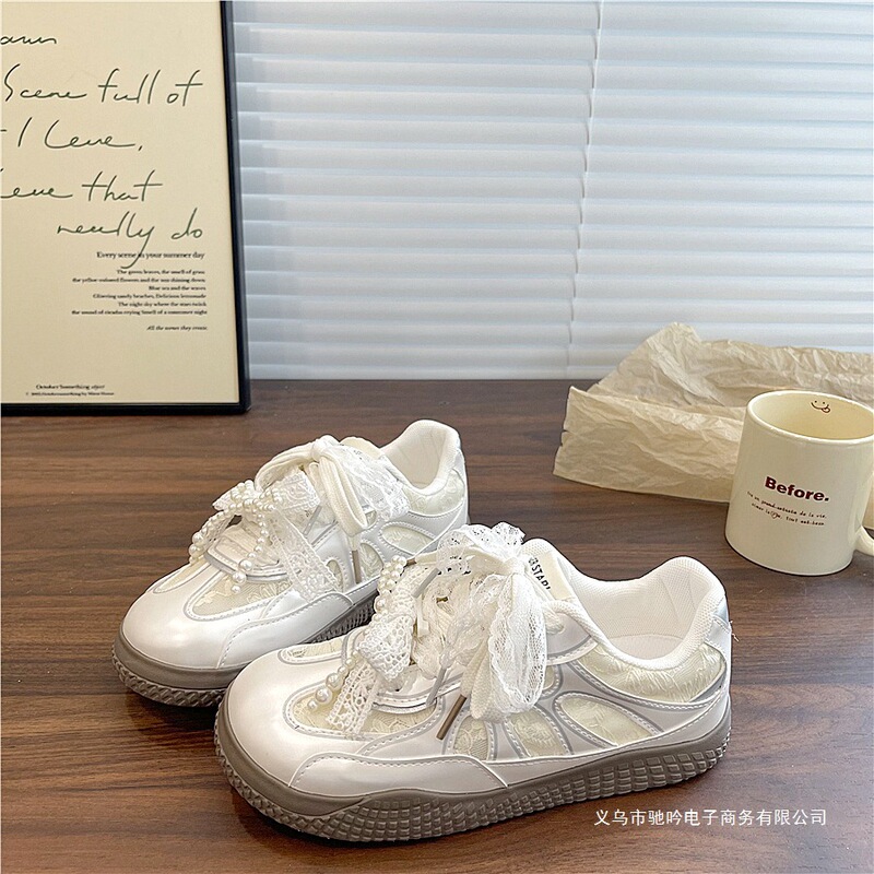 Yi Shao Nian Women's Summer New Ballet Shoes Lace Breathable White Shoes Cute Versatile Casual Sneakers