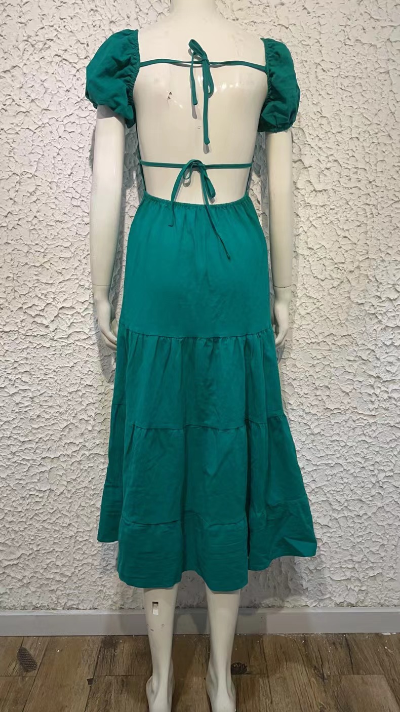 Vacation Solid Color Square Neck Short Sleeve Patchwork Backless Polyester Maxi Long Dress Tiered Sk