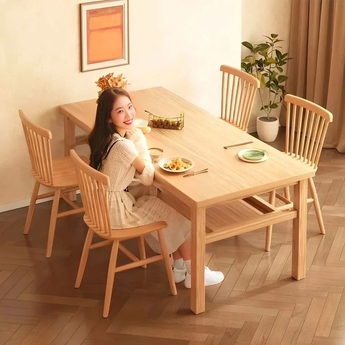 Mesa de comedor de madera sólida, mesa de comedor rectangular de doble capa, mesa de negociación doméstica, combinación de mesa de comedor y silla de madera