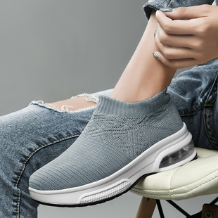 Cross-border High-top Socks Shoes Women's New Spring and Autumn Air Cushion Elastic Fly-woven Thick Sole Height-increasing Women's Shoes for Mother Slimming