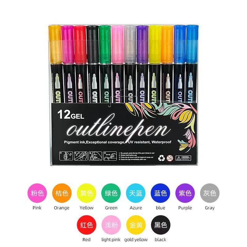 Cross-Border 48-Color Outline Pen Metallic Glitter Double-Line Pen Ins Style Tiktok Same Model DIY Art Marker Pen