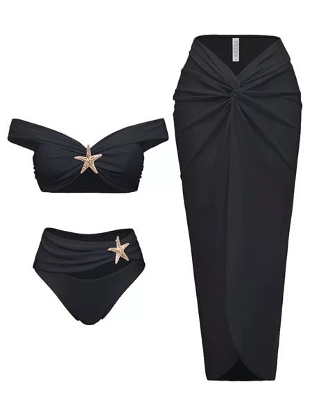 New European and American Starfish Split Swimsuit Long Skirt Three-Piece Bikini Women's European and American Huludao Split Swimsuit