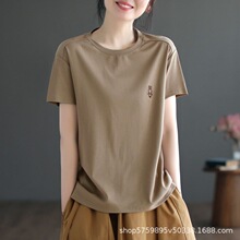 休闲文艺纯色刺绣小兔子短袖上衣女百搭T恤春夏季大码女装打底衫