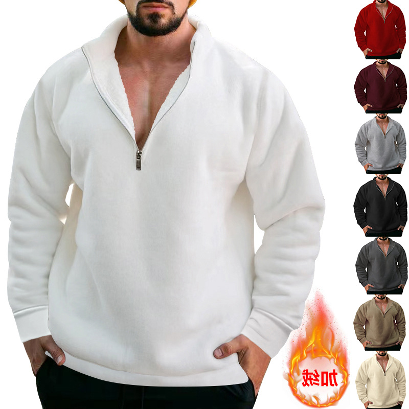 Sudadera de terciopelo para hombre, estilo informal, holgada, con cuello alto, media cremallera, color sólido, para otoño e invierno, de Amazon, transfronteriza.