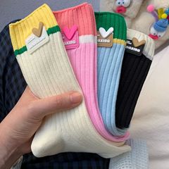 早秋多巴胺雙針襪子女韓版中筒ins潮愛心貼標少女設計感秋冬長襪
