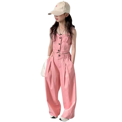 Girls' summer denim suit, fashionable Internet celebrity, medium and large children's solid color casual girl's suspender wide-leg pants two-piece set, trendy