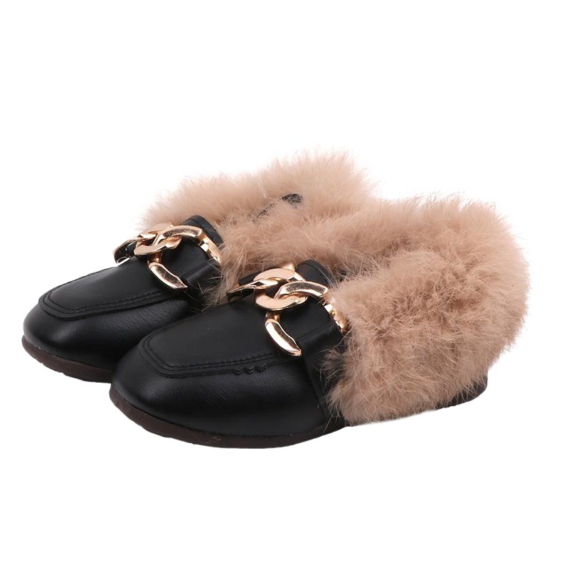 2023 zapatos de felpa de las niñas de invierno Bebé forrado de lana guisantes zapatos de princesa de fondo suave niños piel de conejo zapatos de algodón caliente al por mayor