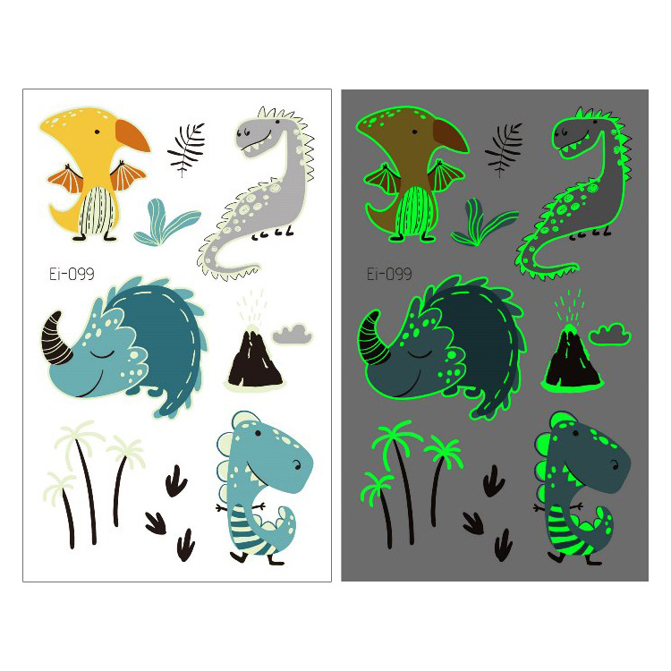 Suministro transfronterizo nuevo dinosaurio luminoso tatuaje pegatinas niños dibujos animados diversión pegatinas luminosas pegatinas temporales del tatuaje