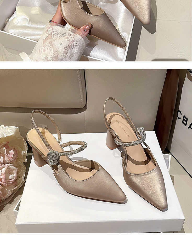Dép sandal nữ bít mũi mũi nhọn gót thô đính đá hoa, gót 3–6 cm — Màu nâu, Màu trắng be, Màu xanh lục nhạt chi tiết 17