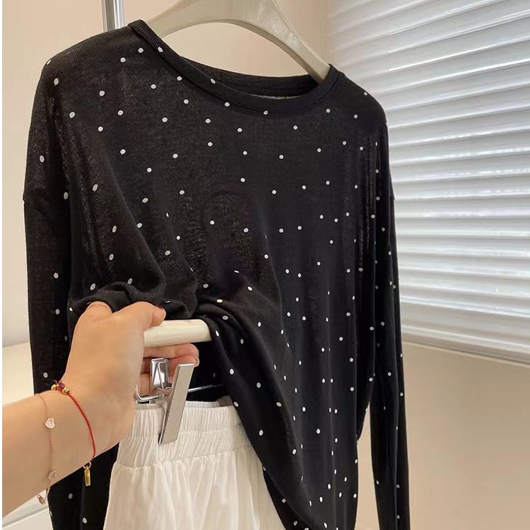 Thin Tencel Polka Dot Sun Protection Clothing! Spring and Summer Lazy Style Versatile Loose Slimming Look Round Neck Pullover Long-Sleeved T-Shirt for Women