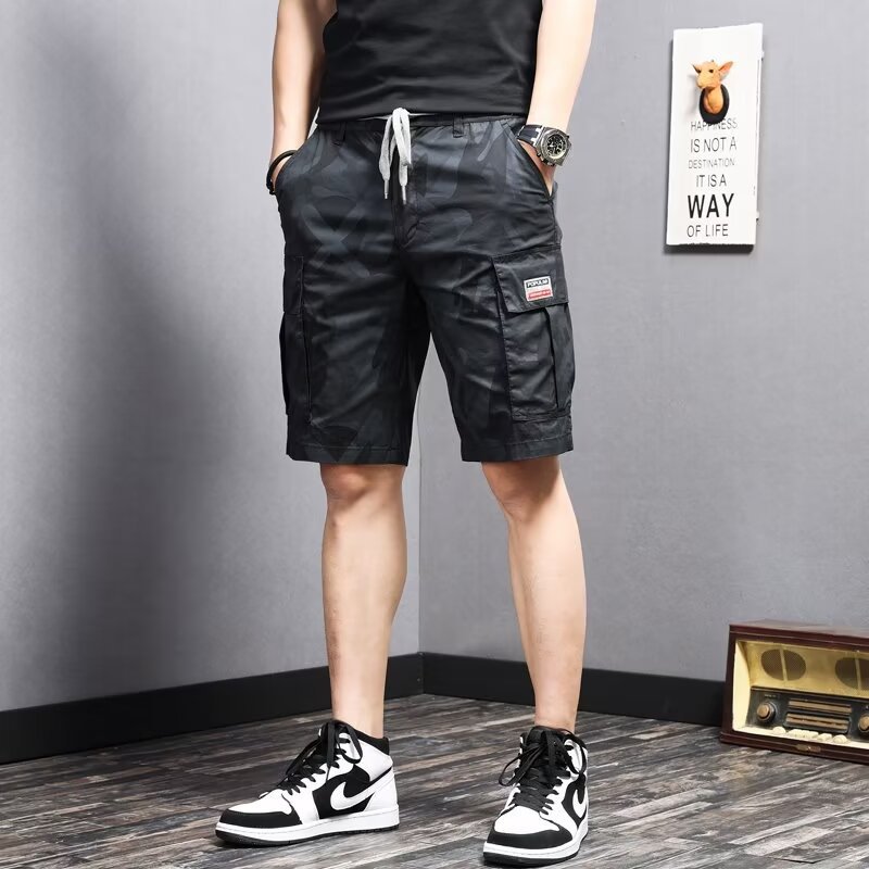 Summer thin elastic waist camouflage shorts men's loose trendy casual pants Korean fashion brand plus size five-point overalls