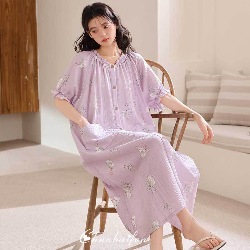 Cloud Cotton Sweet Home Plus Size Pajama Dress for Plus Size Women, Long Style, Summer Loose Thin Short Sleeve Nightgown, Can Be Worn at Home or Out