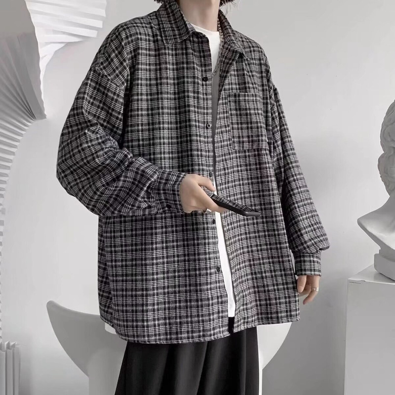 Standard Lazy New Arrival Long-Sleeved regular Hong Kong Style Retro Loose Plaid Shirt Jacket Instagram Style Teen Autumn
