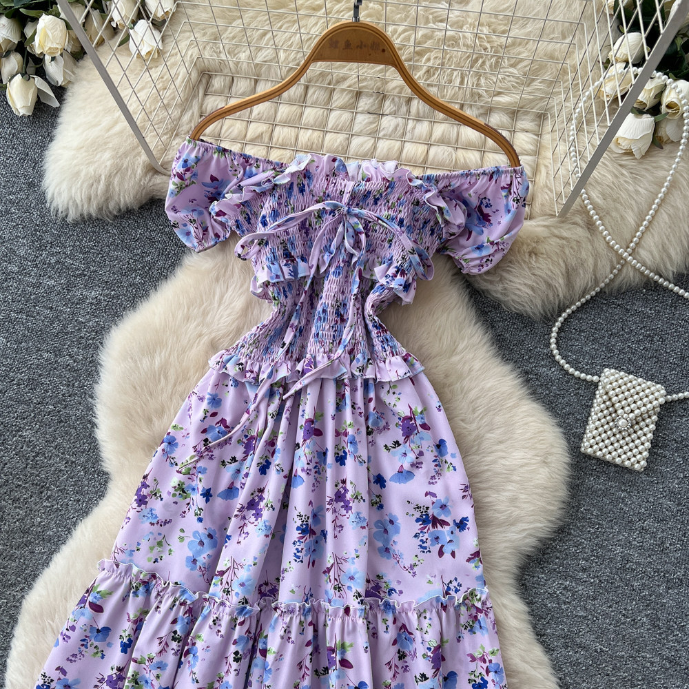 Women's French Sweet Style Square Neck Floral Dress Summer Korean Pleated Waist Tie A-Line Elegant Long Red Dress_ecoleips.com