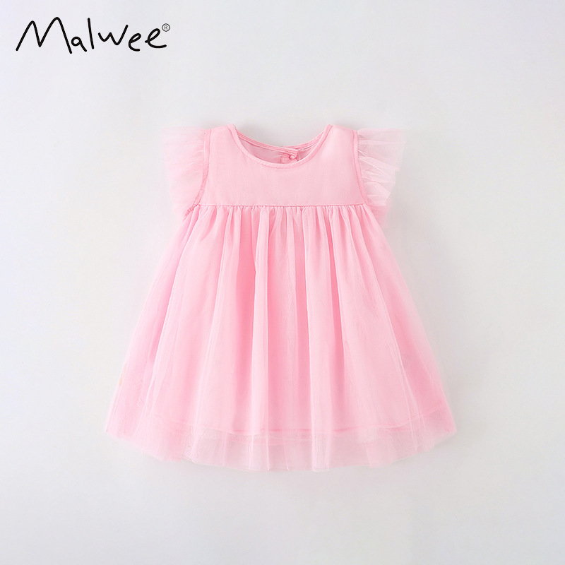 En stock malwee niñas vestido de verano nuevo estilo europeo y americano cuello redondo manga corta falda para pequeños y medianos niños