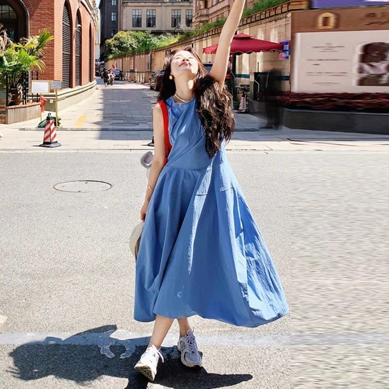 Beach Vacation Blue Sleeveless Vest Dress for Women 2025 Summer New Style French Style Super Stylish Long Dress