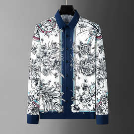 春夏新款对位花朵印花男装免烫抗皱衬衣时尚潮流亚马逊工厂直销