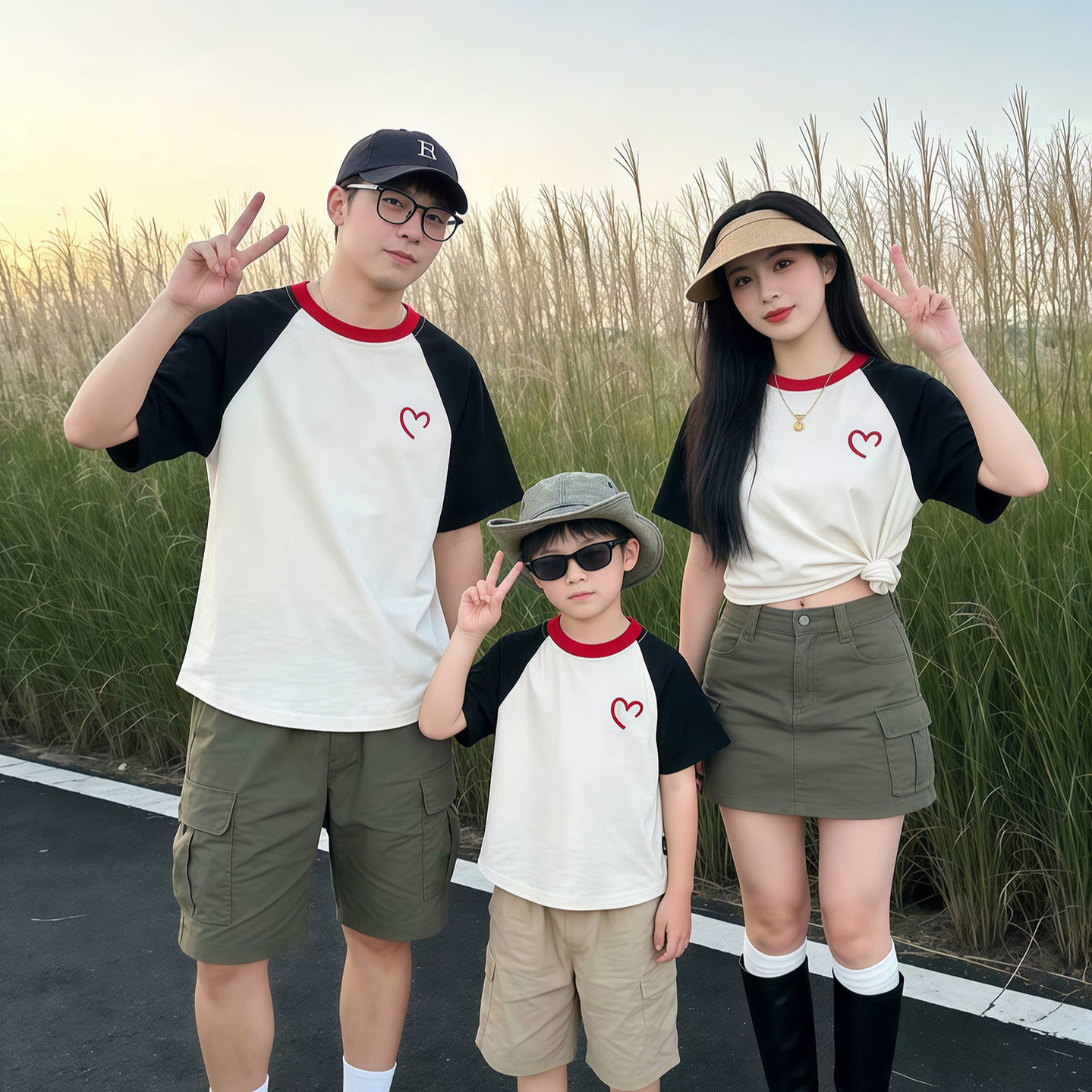 Korean style color-blocked raglan short-sleeved T-shirt, 2026 new style, family casual activity performance outfit for three people.
