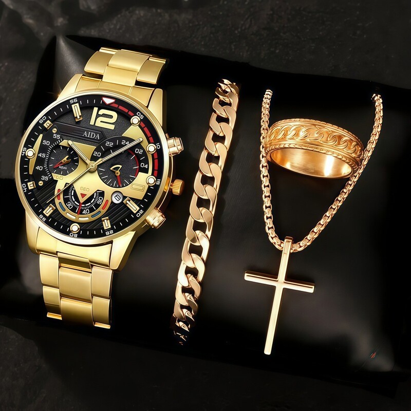 Geneva Men's Creative Mechanical Six-Hand Watch, Alloy Steel Band Quartz Watch, Men's Wristwatch Wholesale