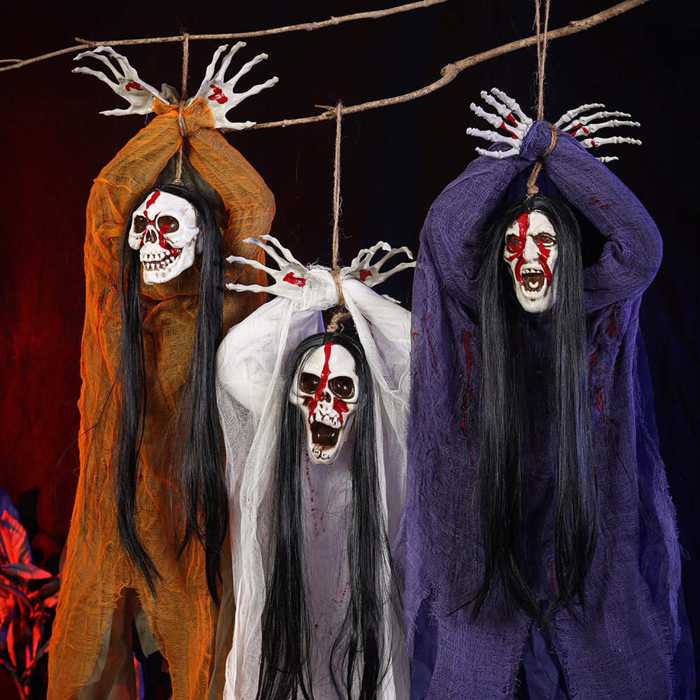 Halloween transfronterizo colgar fantasmas de tres cabezas cascada colgar fantasmas habitaciones secretas patio colgar decoración de horrores accesorios