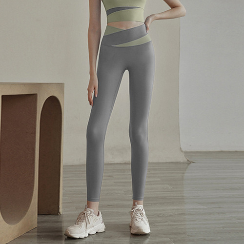 Women's High-Waist Yoga Pants with Crossed Waistband, Bodysculpting and Ab-Smoothing, Elastic, Quick-Drying Fitness Leggings for Running and Exercise