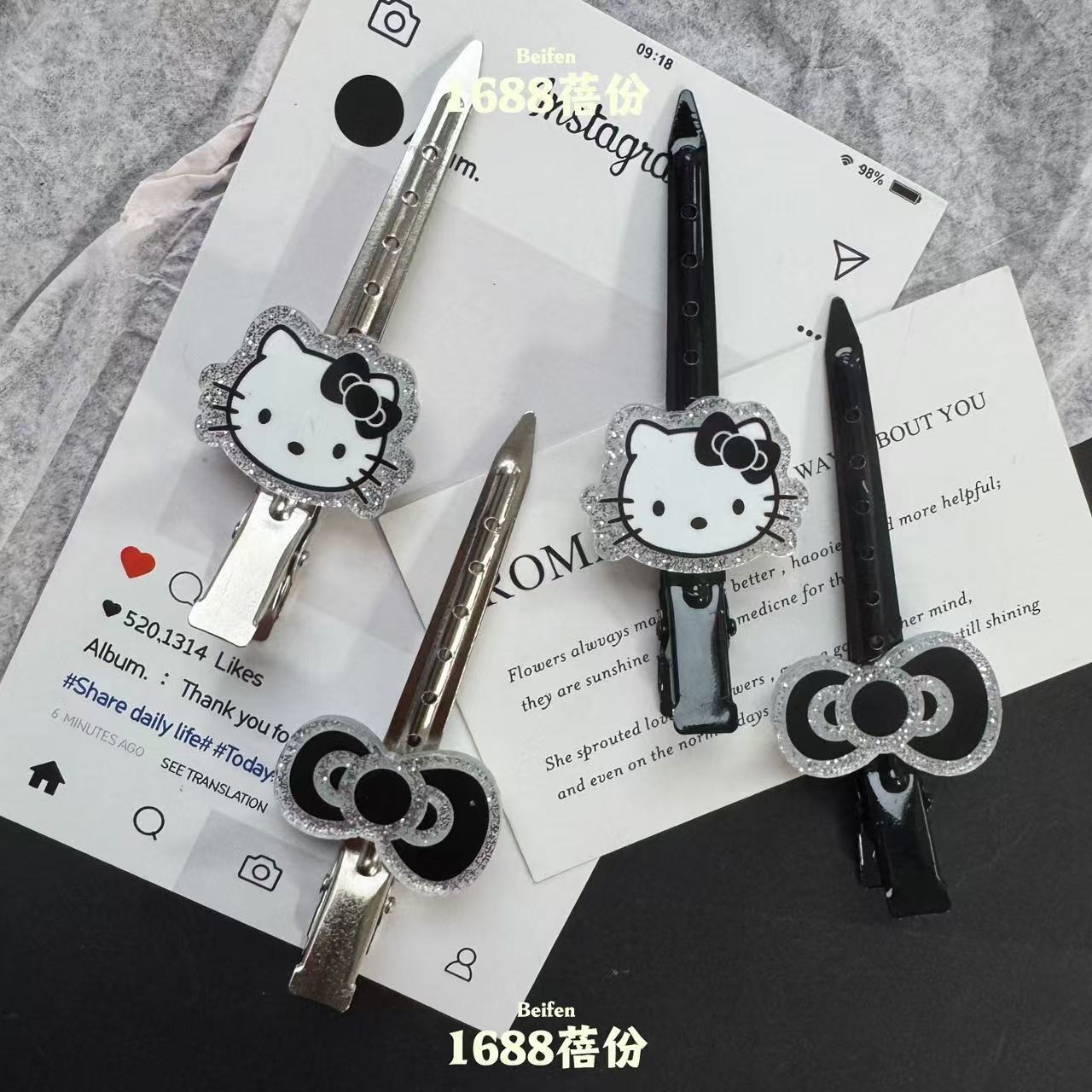 Silver Black Fine Flash Kitty Hairpin Sweet Cool Cute Girl's Heart Duckbill Clip Traceless Word Positioning Clip Cosmetic Clip