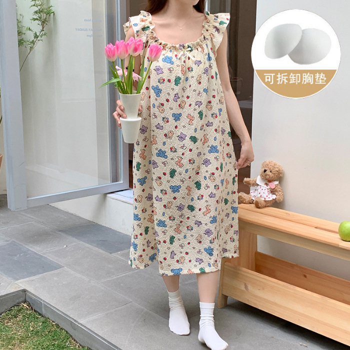Pijama de verano, vestido de mujer, nuevo estilo con cojín de pecho, flores dulces, estudiantes, pijamas caseros, cabello de acento