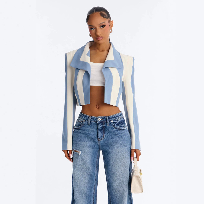 Cross-Border European and American 2026 Autumn New Fashion Stylish Color-Block Striped Short Blazer for Women Cross-Border European and American 2026 Autumn New Fashion Stylish Color-Block Striped Short Blazer for Women