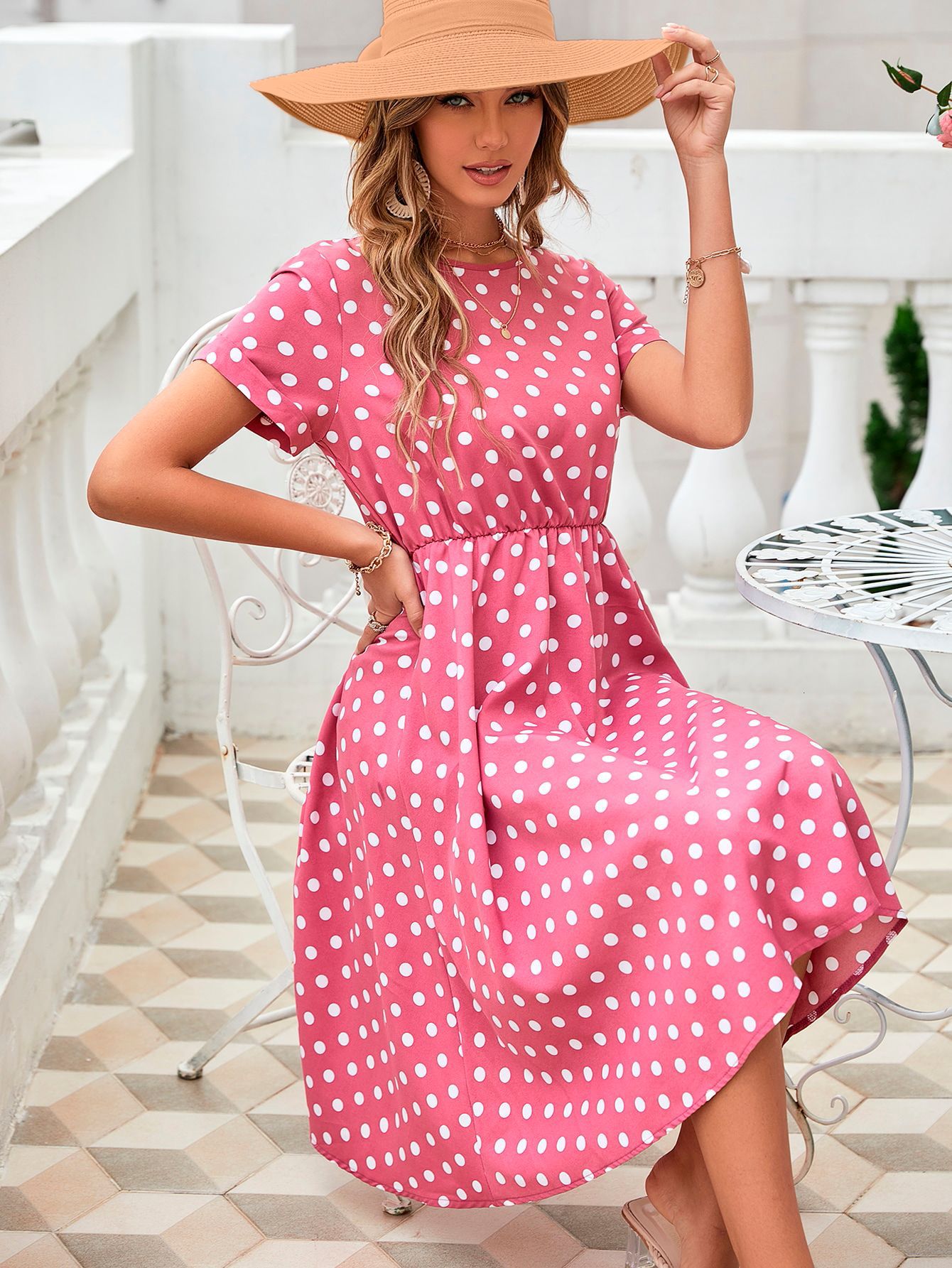 Women Clothing Comfortable Vacation Casual Chiffon Polka Dots Slimming Dress
