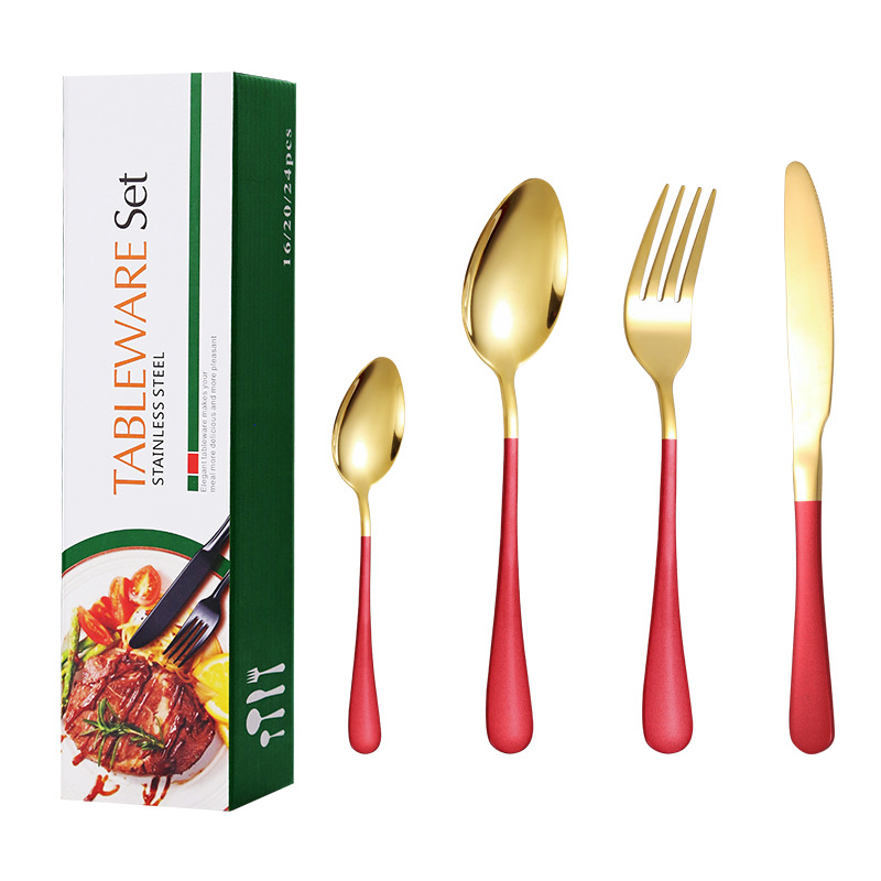 Cuchillo de acero inoxidable Amazon, tenedor y cuchara traje de 24 piezas 1010 cuchillo de carne occidental, tenedor y cuchara regalo traje de caja de regalo transfronterizo