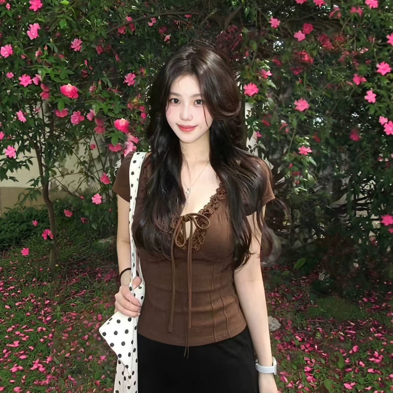 American-Style Lace-Trimmed Short-Sleeve T-Shirt for Women, New Summer Style, Slim-Fit, Flattering, Designer Top