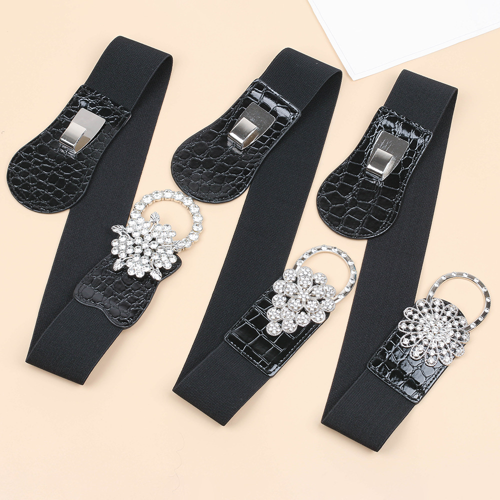 Cintura larga elastica nera alla moda da donna con decorazioni di diamanti, vestito, cappotto, chiusura in vita, strass, ragazza alla moda e paffuta_voghion.com