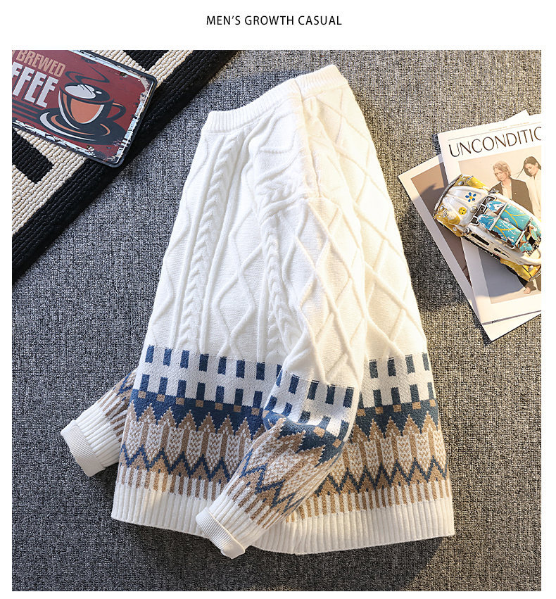 Herren-Langarm-Strickpullover, lässig, locker geschnitten, Rundhalsausschnitt, Polyester-Kaninchenwollmischung, Herbst-Winter-Mode mit Emblem-Design_voghion.com