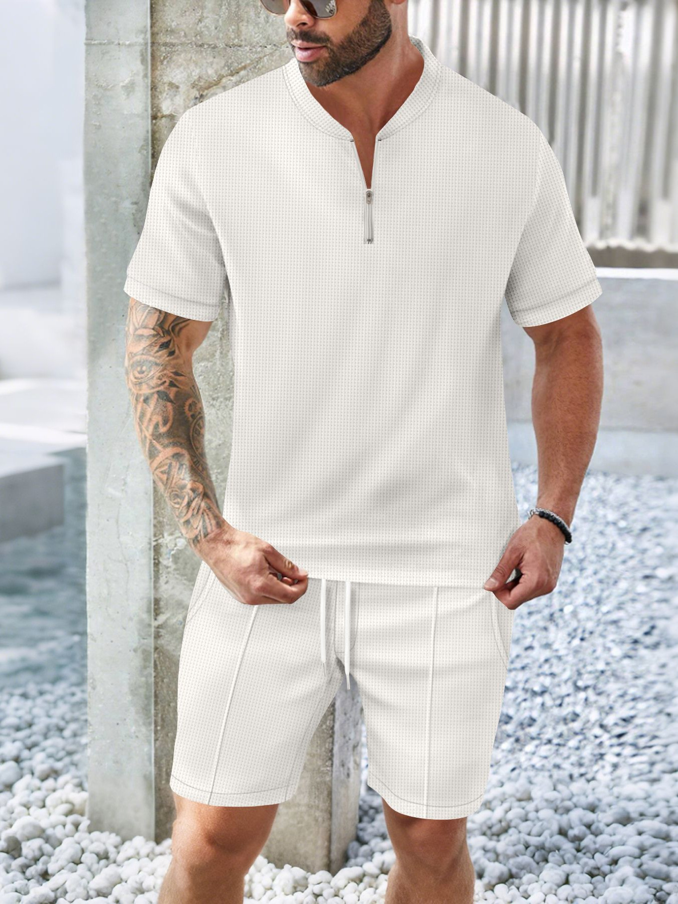 Men's Waffle Stand Collar Zip Set Casual Breathable Short Sleeve_voghion.com