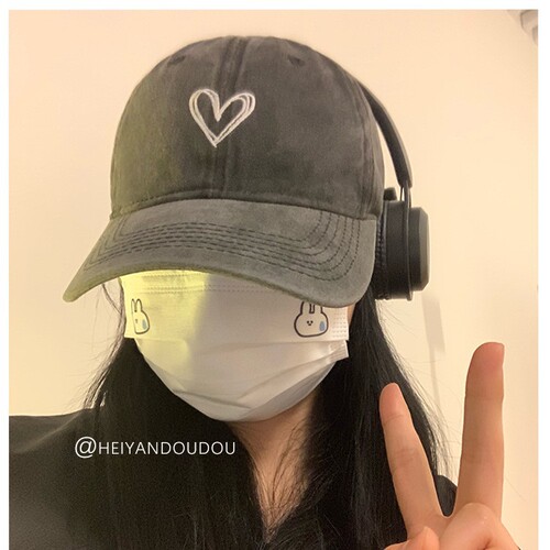 Water-wash distressed girls' large head circumference duckbill cap retro sweet cool spicy girl heart soft top baseball cap makes face look smaller