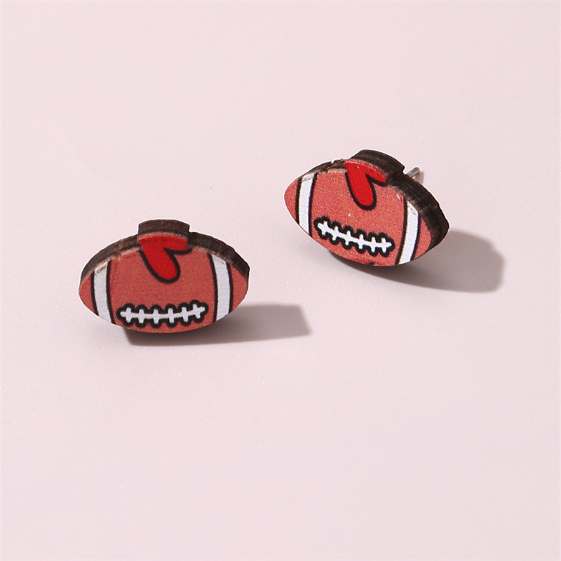1 Pair Simple Style Rugby Heart Shape Football Wood Ear Studs display picture 6