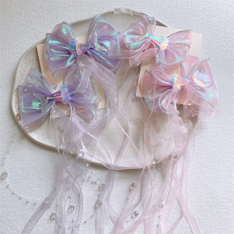 New Children's Mermaid Pink Bow Hair Clip Cute Girl Braided Ponytail Ribbon Hairpin Braided Headpiece 